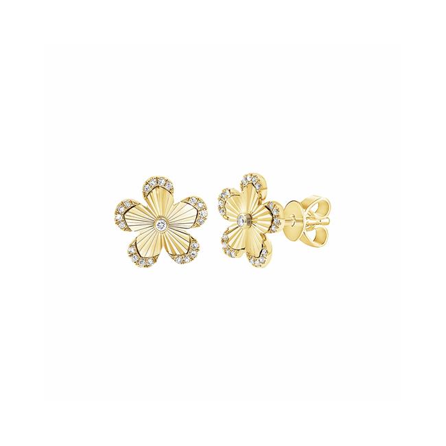 London Collection 14k Yellow Gold Diamond Fluted Flower Earrings