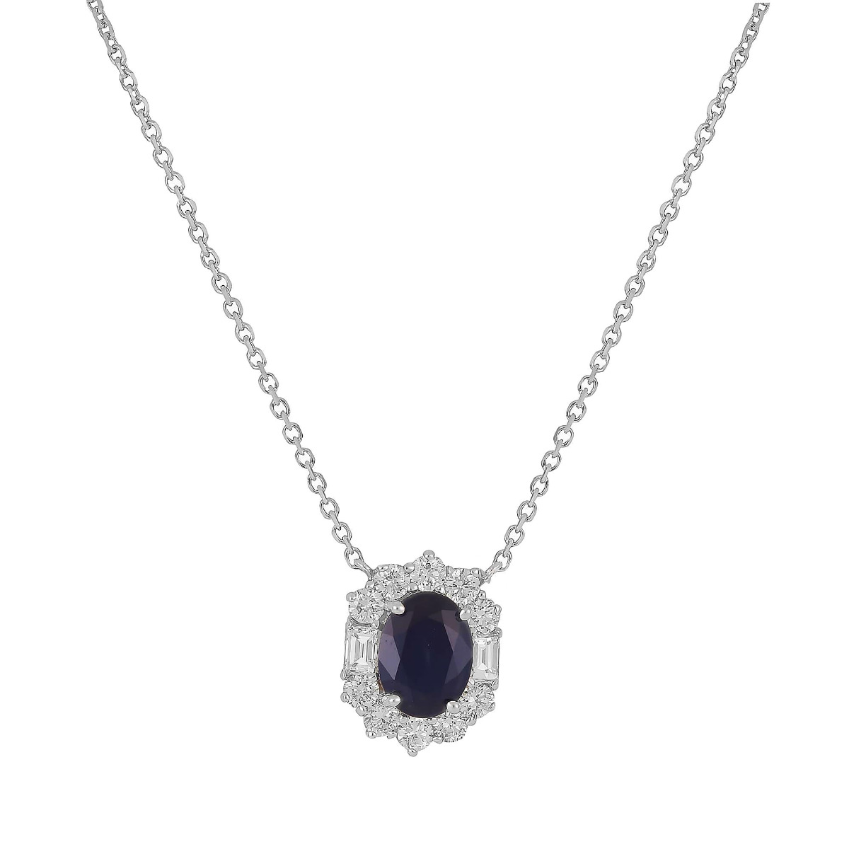 London Collection White Gold Diamond & Blue Sapphire Halo Necklace 
