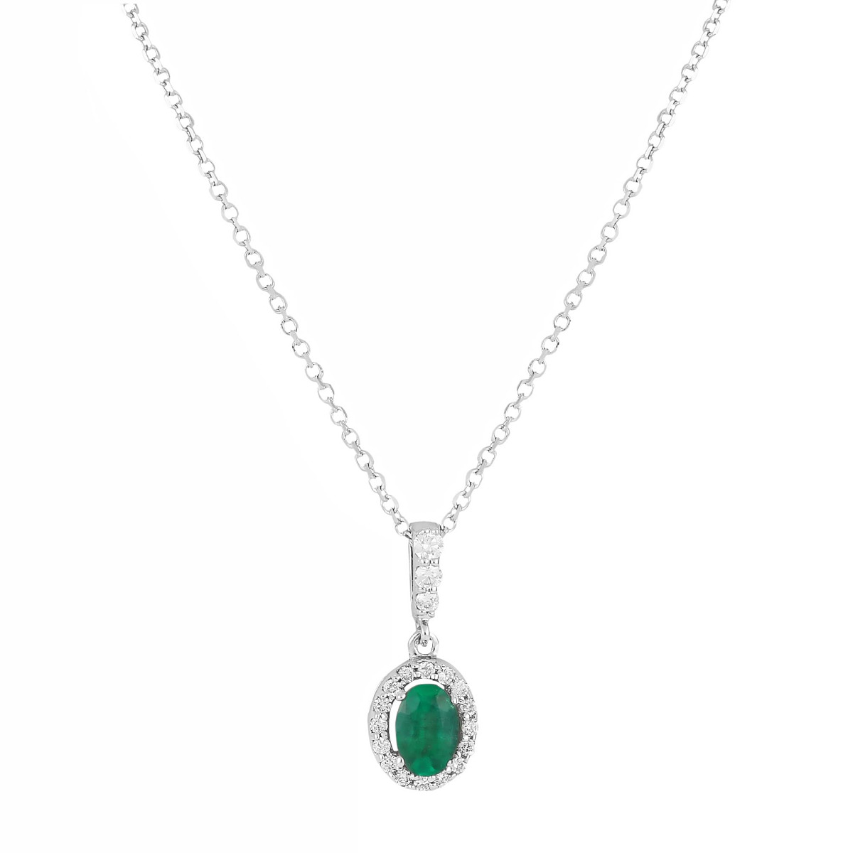 London Collection White Gold Halo Diamond & Emerald Pendant Necklace