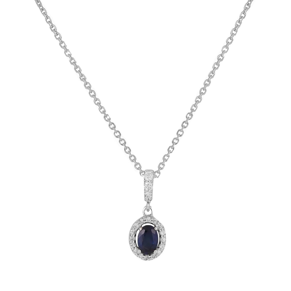 London Collection White Gold Diamond & Blue Sapphire Halo Pendant Necklace 