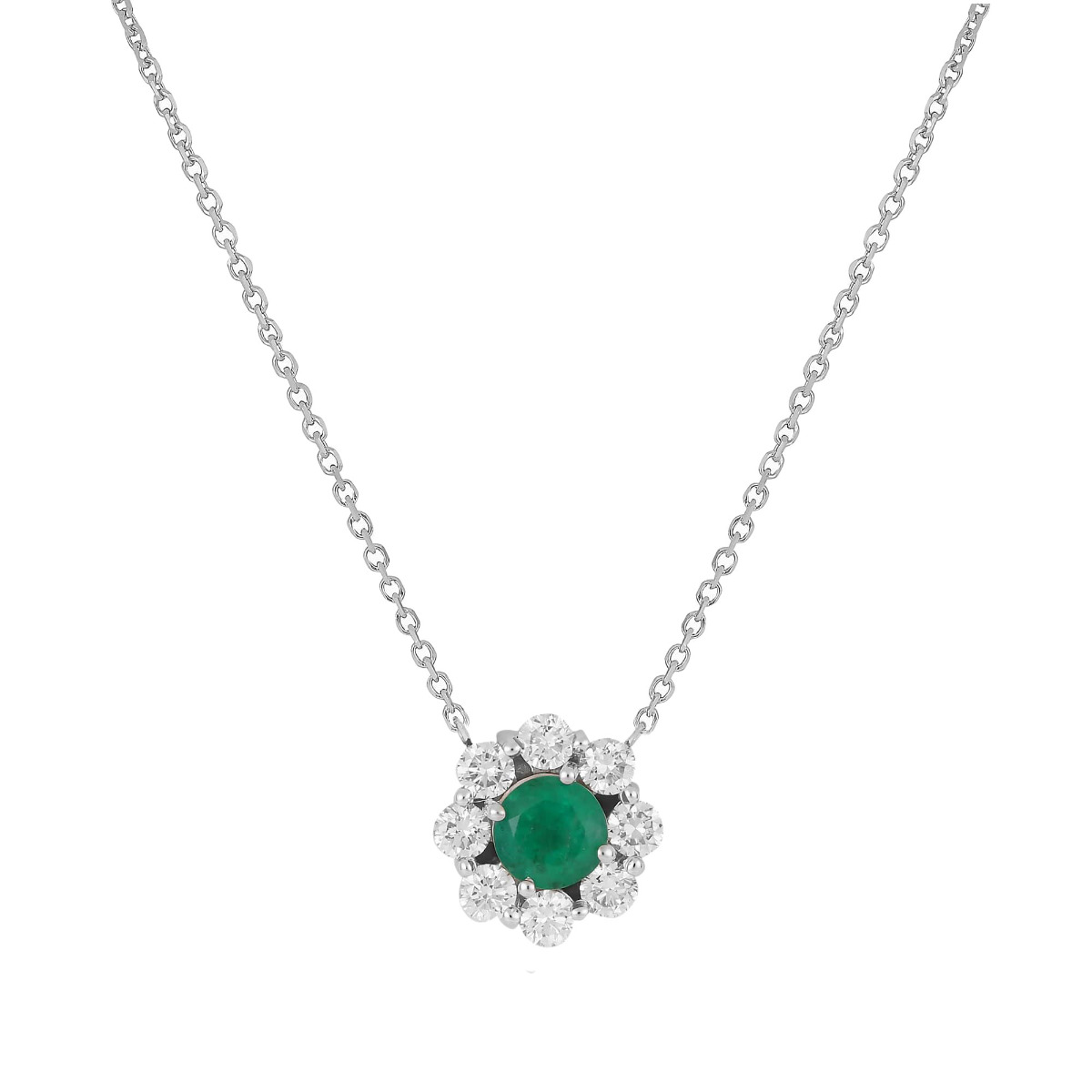 London Collection White Gold Diamond & Emerald Halo Pendant Necklace