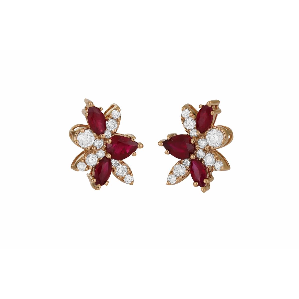 London Collection Yellow Gold Diamond & Ruby Cluster Earrings