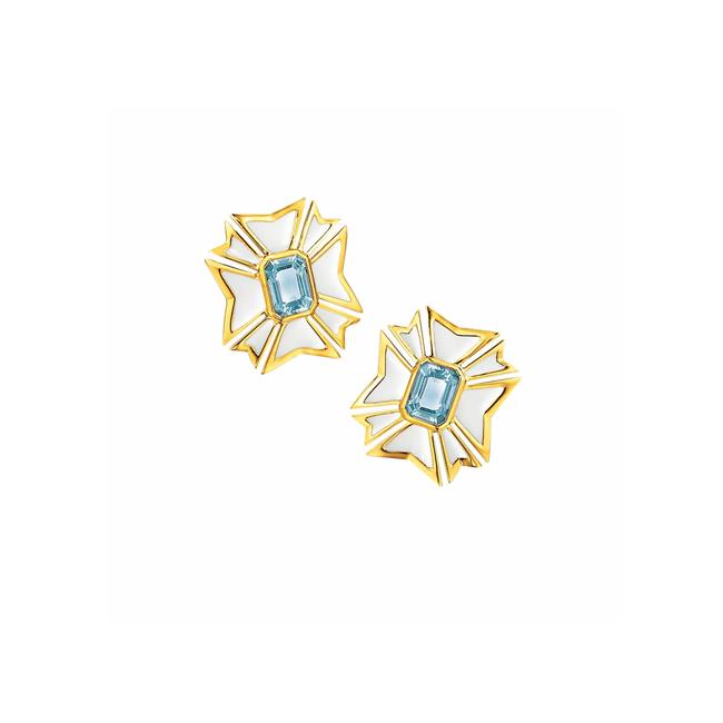 Verdura Maltese Cross 18k Yellow Gold Aquamarine White Enamel Statement Earrings