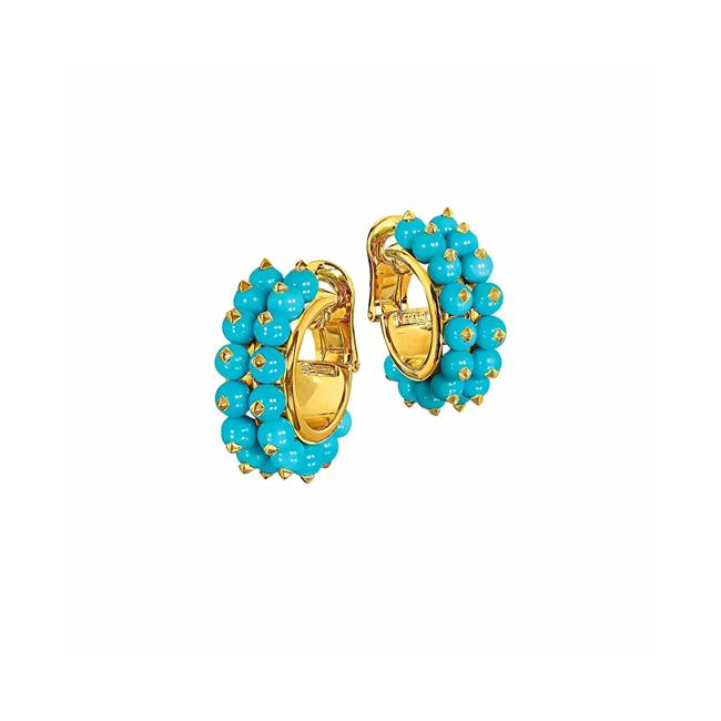 Verdura 18k Yellow Gold Turquoise Beaded Pyramid Hoop Earrings