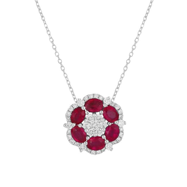 London Collection 18k White Gold Ruby And Diamond Flower Necklace