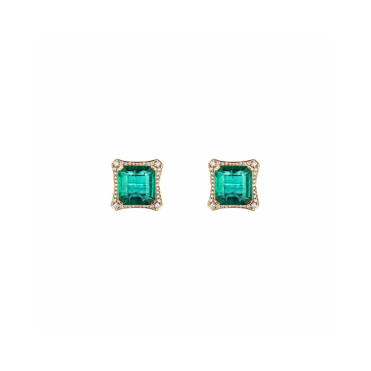 Goshwara G-One 18k Yellow Gold Emerald & Diamond Square Shaped Stud Earrings