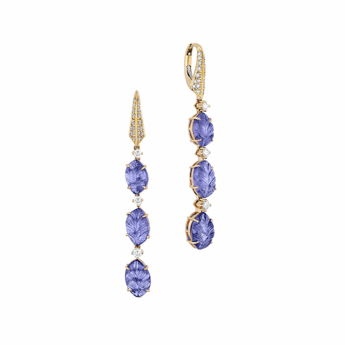 Goshwara G-One 18k Yellow Gold Tanzanite & Diamond Carved Leaf Drop Earrings