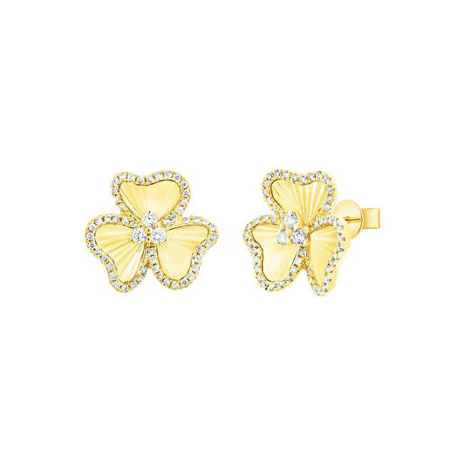 London Collection 14k Yellow Gold Diamond 3 Petal Stud Earrings