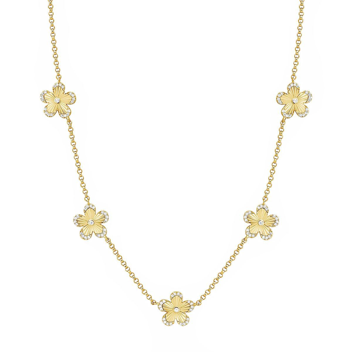 London Collection 14k Yellow Gold Diamond 5 Petal 5 Station Necklace