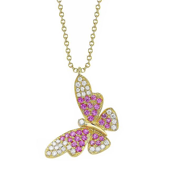 London Collection 14k Yellow Gold Diamond And Pink Sapphire Butterfly Necklace