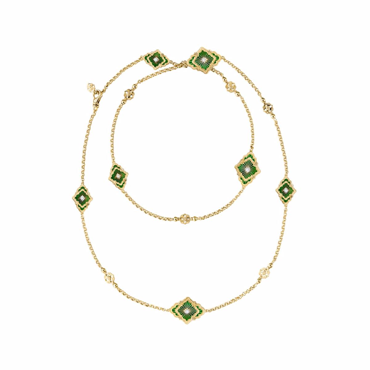 Buccellati Opera Tulle 18k Yellow Gold Green Enamel & Diamond Sautoir Necklace