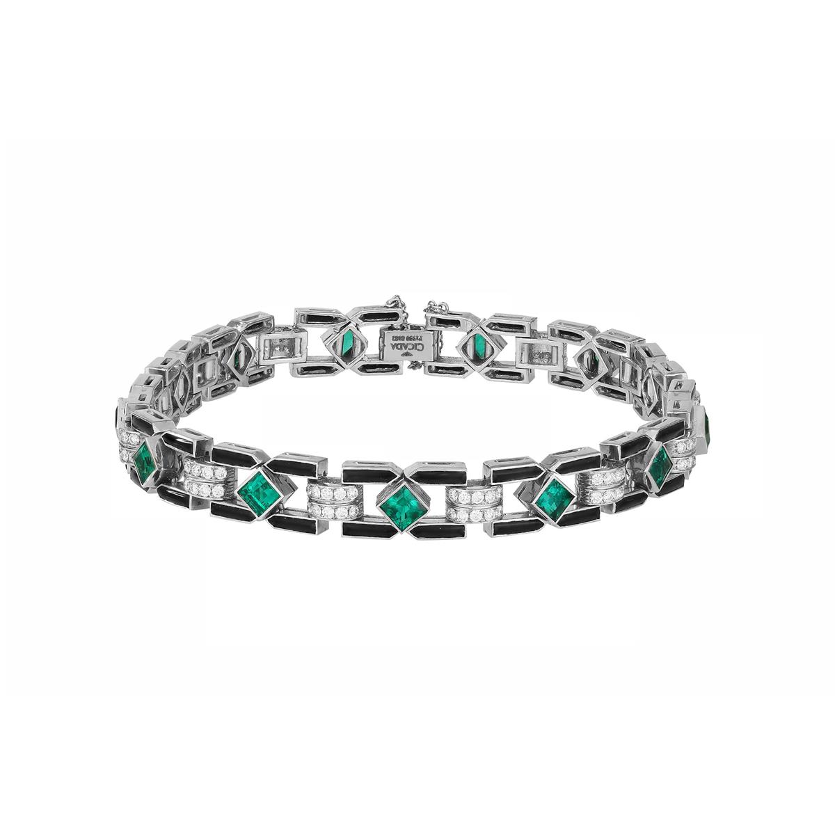 London Collection Platinum Diamond Emerald and Black Onyx Art Deco Bracelet