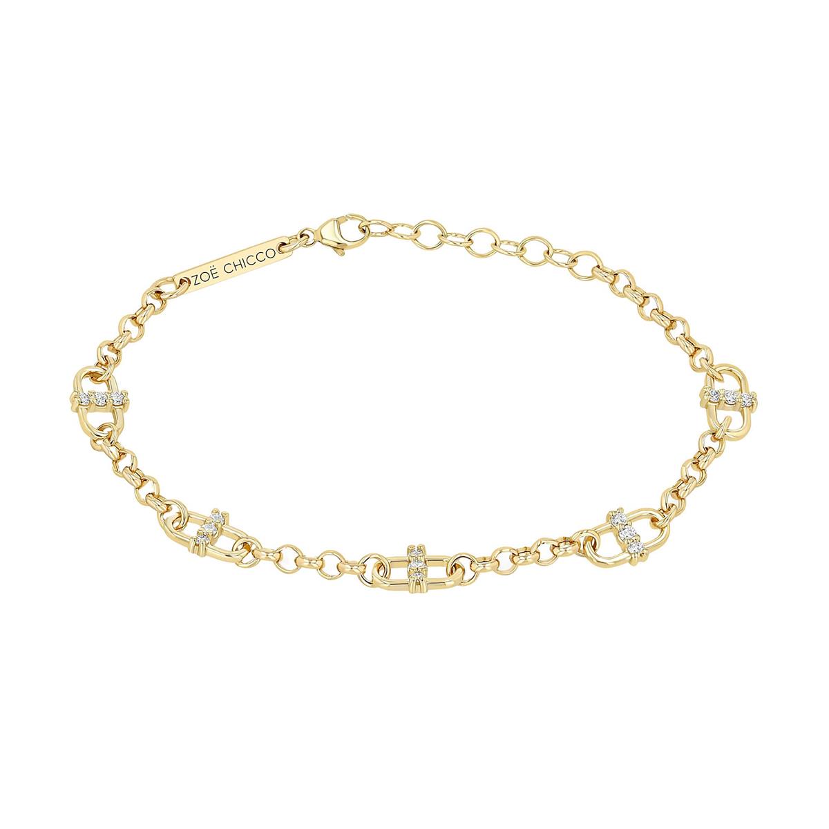 Zoe Chicco 14k Yellow Gold Diamond Five Link Station Rolo Chain Bracelet