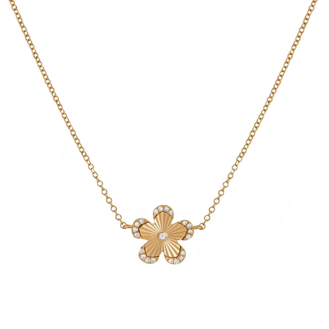 London Collection 14k Yellow Gold Diamond Fluted Flower Necklace