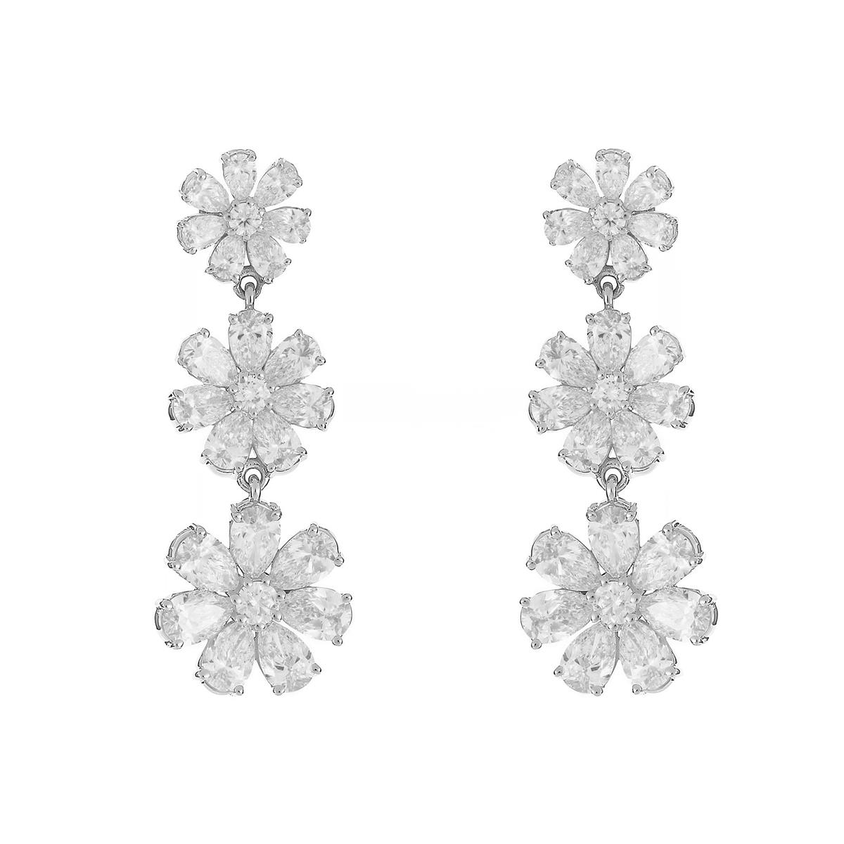 London Collection 14k White Gold Diamond Graduated 3 Flower Drop Earrings