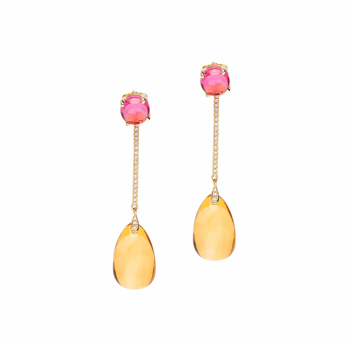 Goshwara Naughty 18k Yellow Gold Rubellite & Citrine Diamond Cabochon Long Drop Earrings