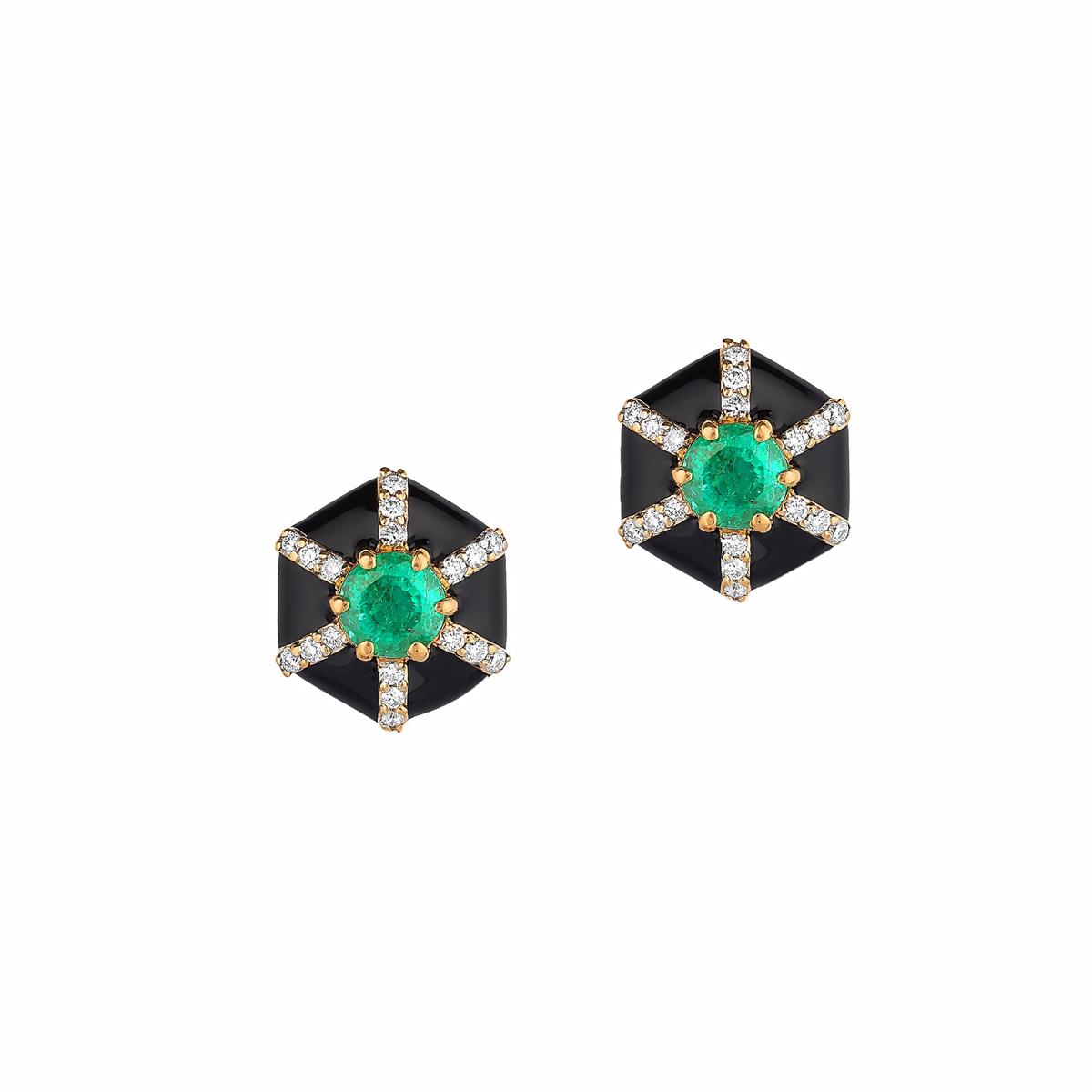 Goshwara Queen 18k Yellow Gold Emerald & Black Enamel Diamond Hexagon Stud Earrings