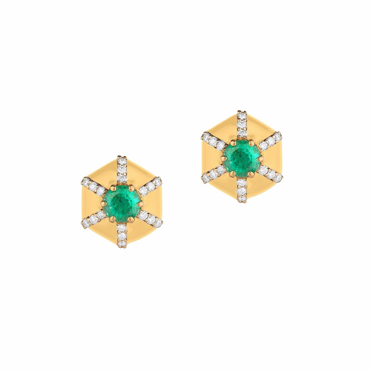 Goshwara Queen 18k Yellow Gold Emerald & Diamond Hexagon Stud Earrings