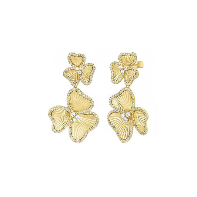 London Collection 14k Yellow Gold Diamond Double Flower Drop Earrings