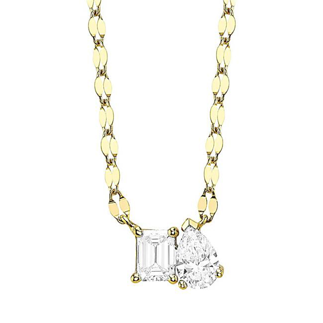 London Collection 14k Yellow Gold Pear and Emerald Diamond Toi Et Moi Necklace