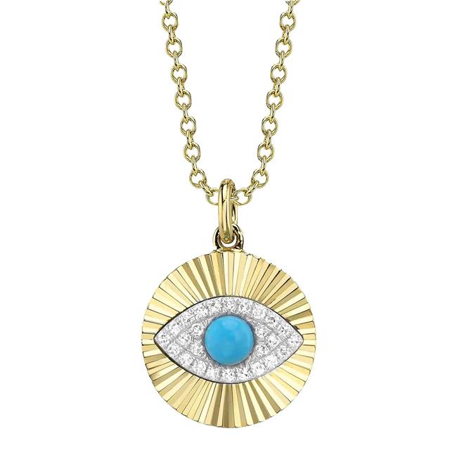 London Collection 14k Yellow Gold Pave Diamond & Turquoise Evil Eye Disc Pendant Necklace
