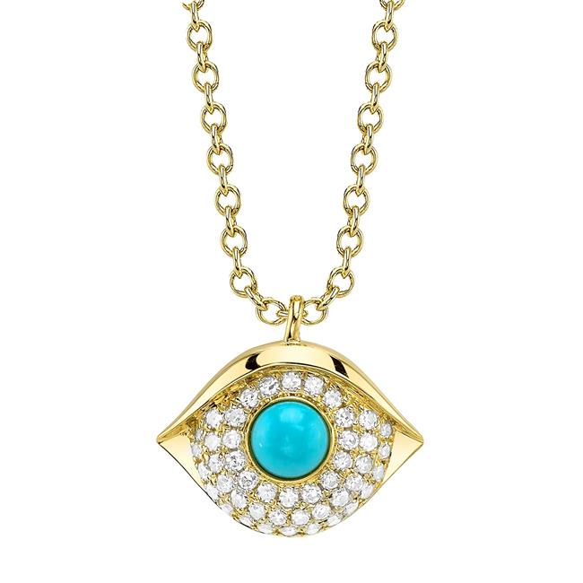 London Collection 14k Yellow Gold Pave Diamond & Turquoise Evil Eye Pendant Necklace