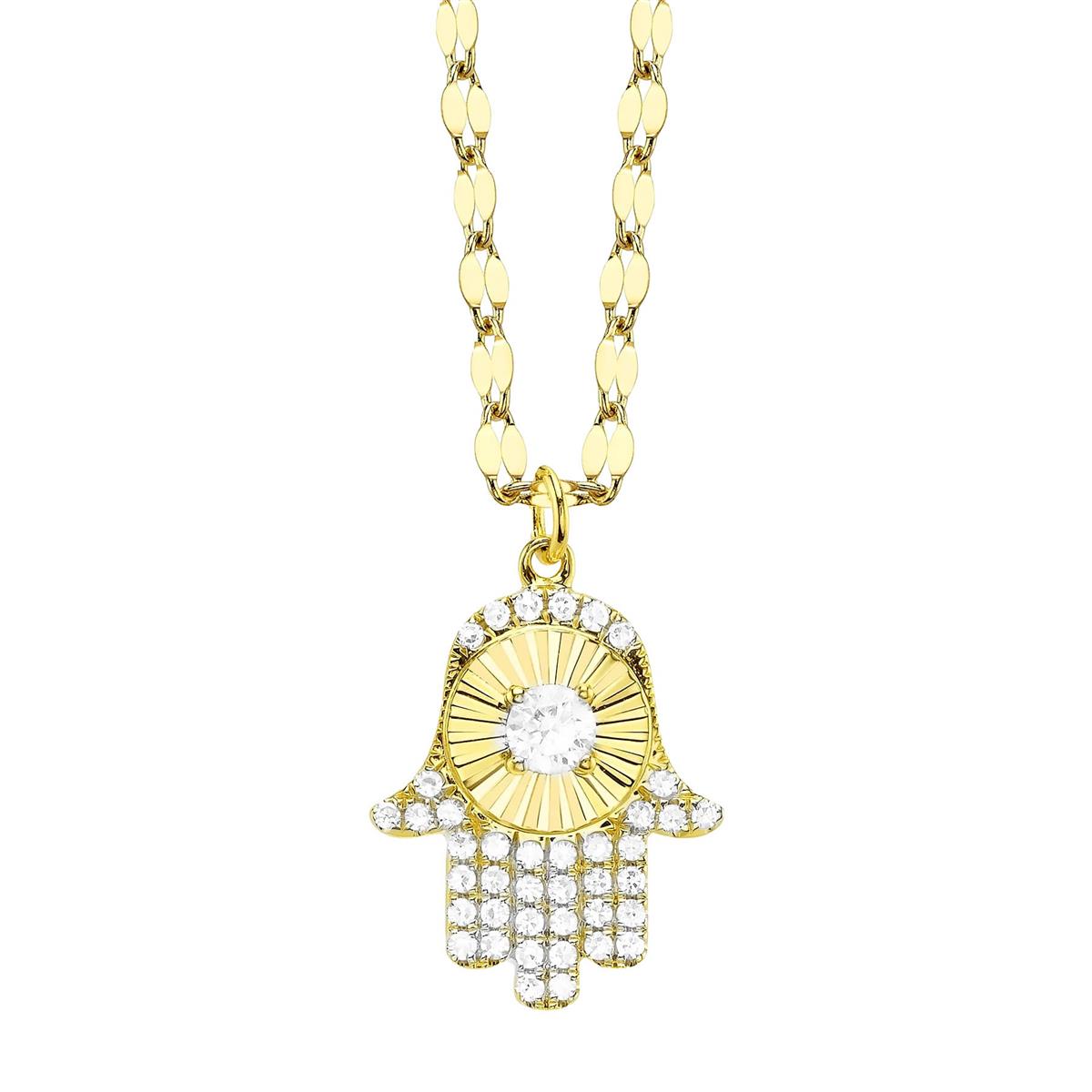 London Collection 14k Yellow Gold Diamond Ribbed Hamsa Pendant Necklace