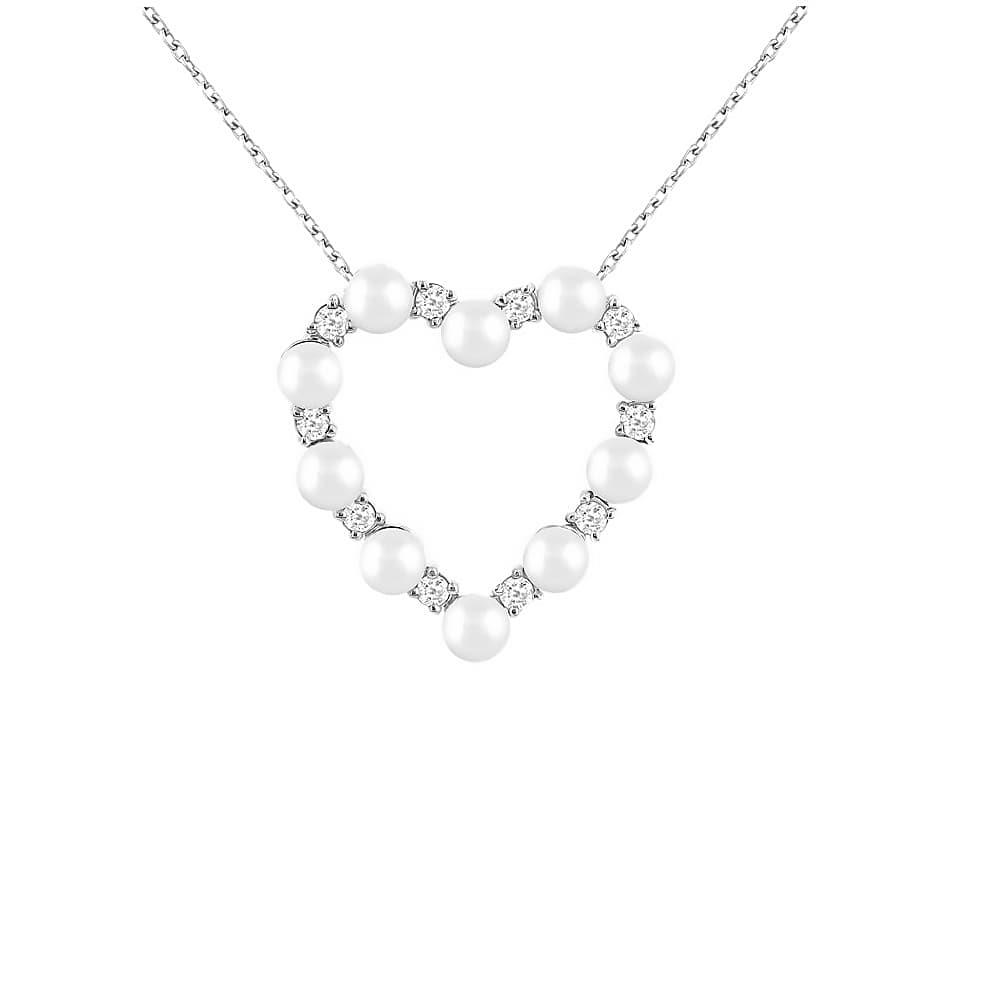 London Collection Alternating Pearl and Diamond Heart Pendant Necklace
