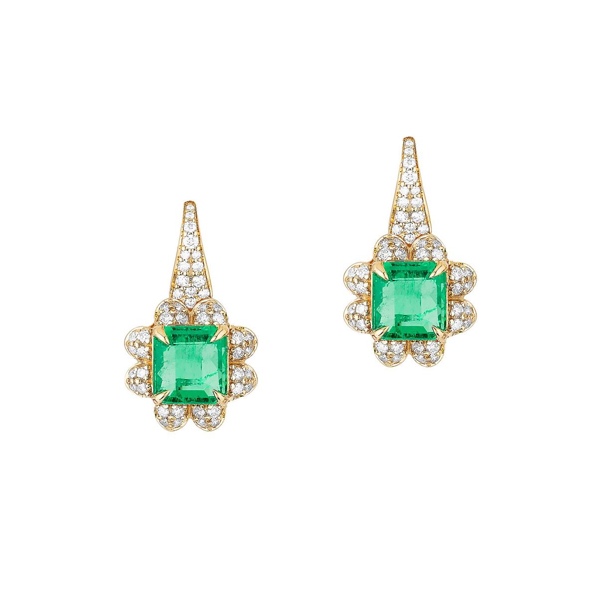 Goshwara G-One 18k Yellow Gold Emerald & Diamond Leverback Drop Earrings