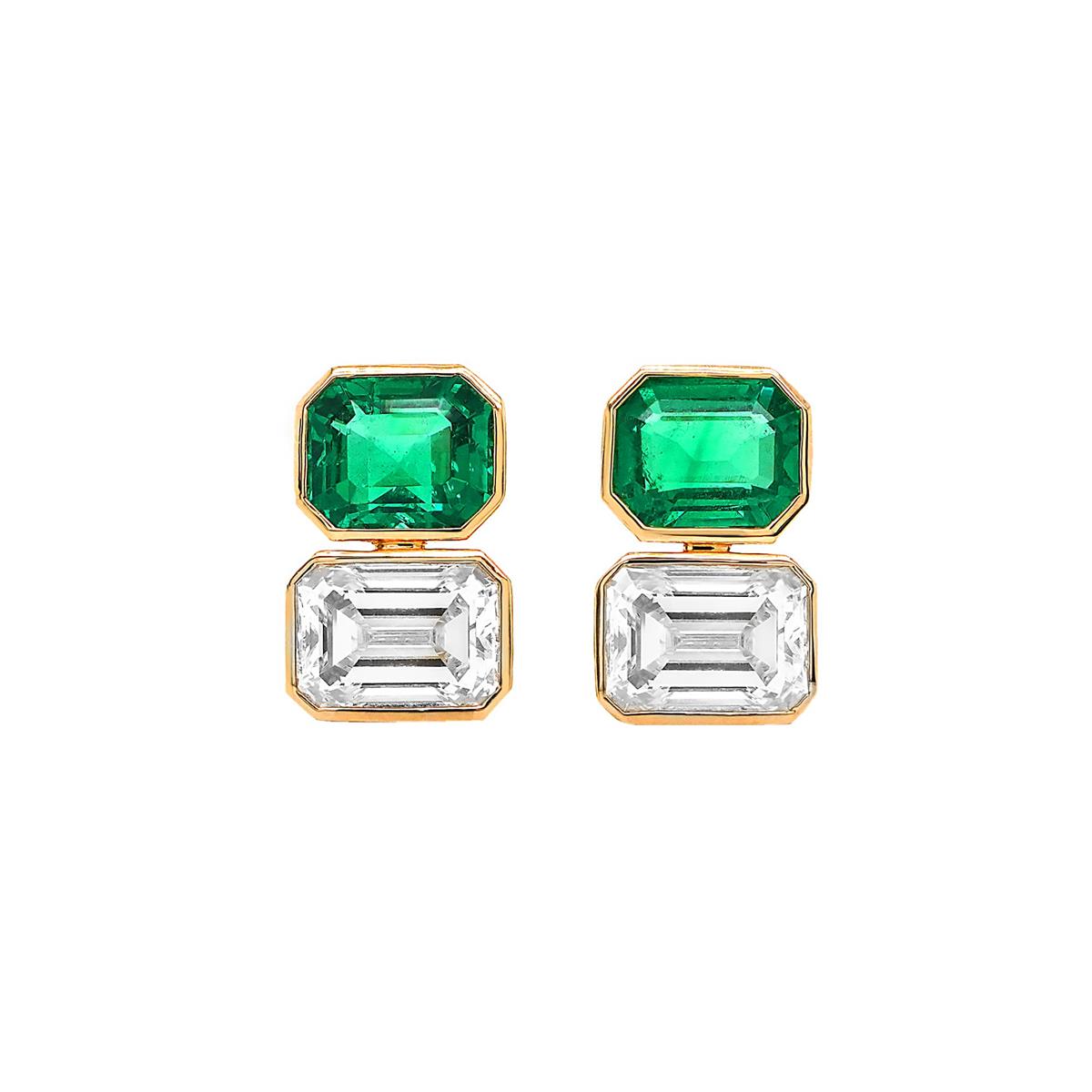 London Collection 18k Yellow Gold Emerald & Diamond Bezel Drop Earrings