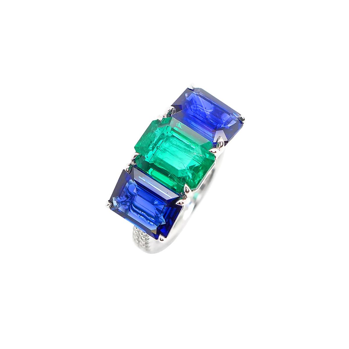 London Collection 18k White Gold Emerald Sapphire & Diamond 3 Stone Pave Band Ring
