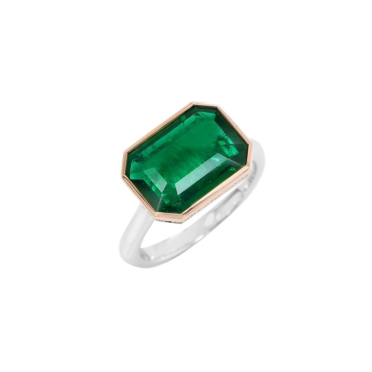 London Collection Two Tone Emerald & Diamond East-West Halo Bezel Ring
