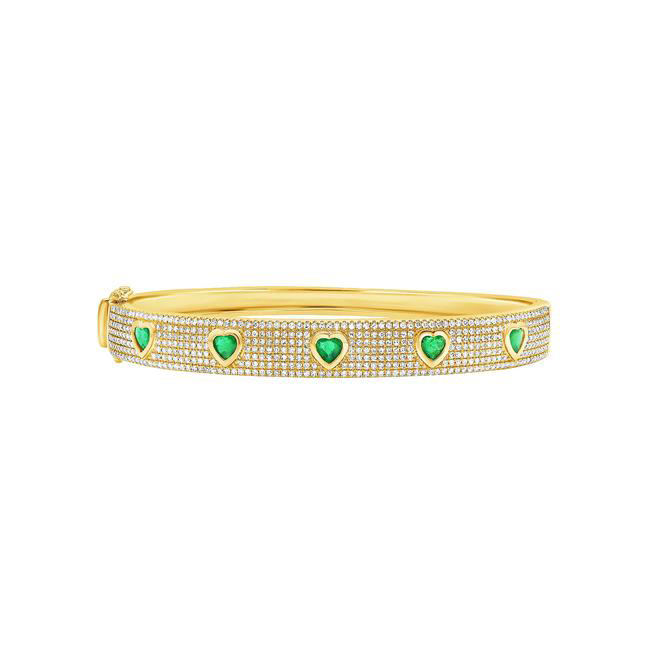 London Collection 14k Yellow Gold Diamond And Emerald Heart Bangle Bracelet