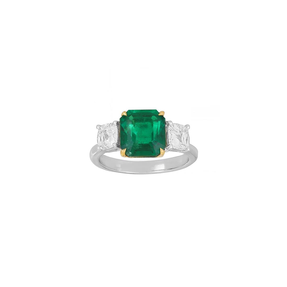 London Collection 18k Two Tone Emerald & Diamond 3 Stone Cocktail Ring
