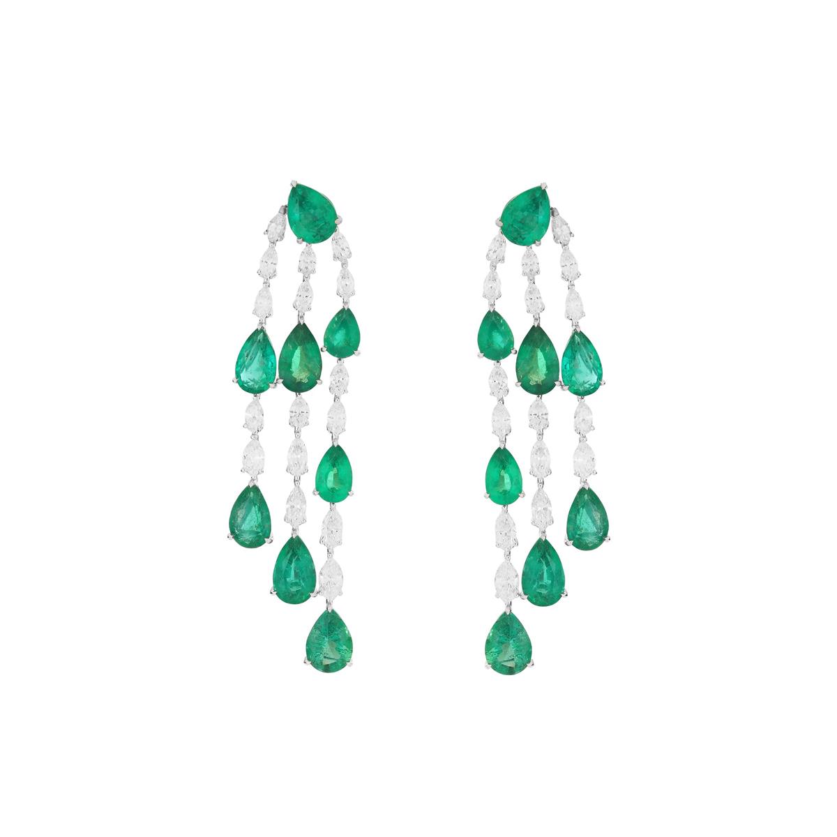 London Collection 18k White Gold Emerald & Diamond 3 Row Drop Earrings