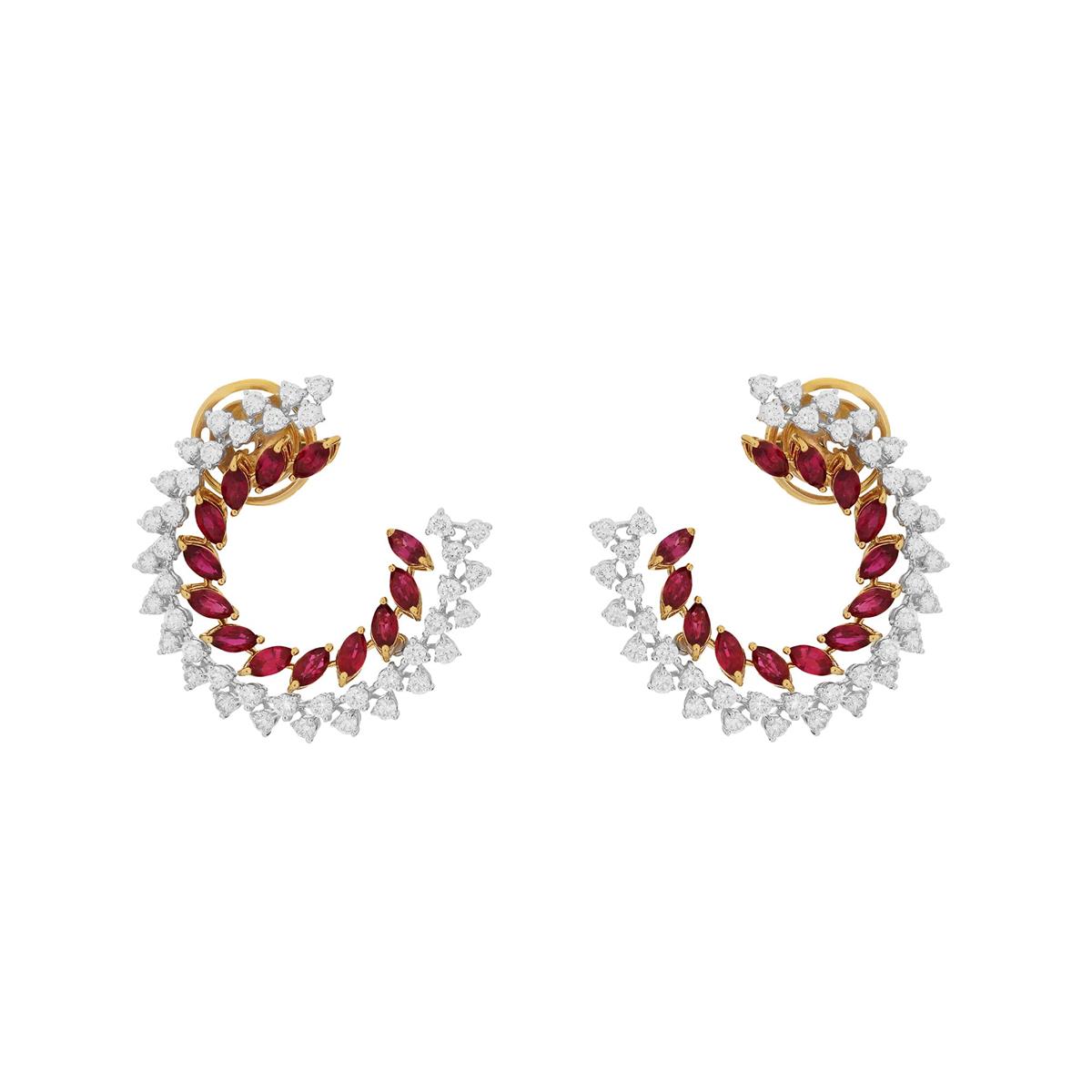 London Collection Two Tone Emerald & Diamond 3 Row C-Shaped Stud Earrings