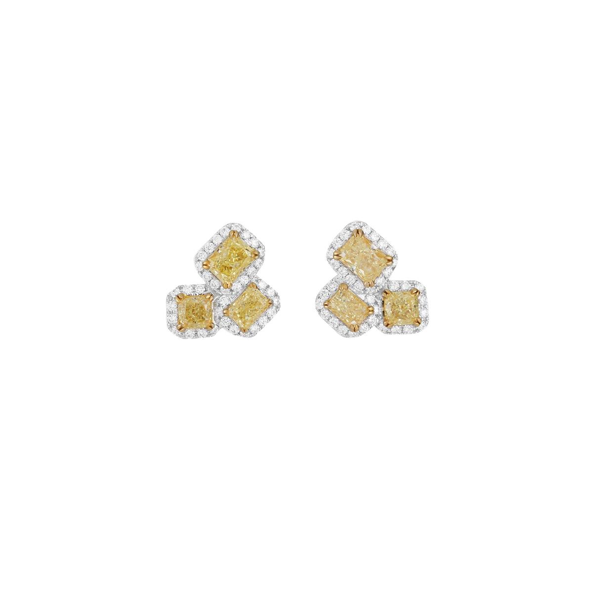 London Collection Two Tone Fancy Yellow Diamond & White Diamond 3 Cluster Stud Earrings