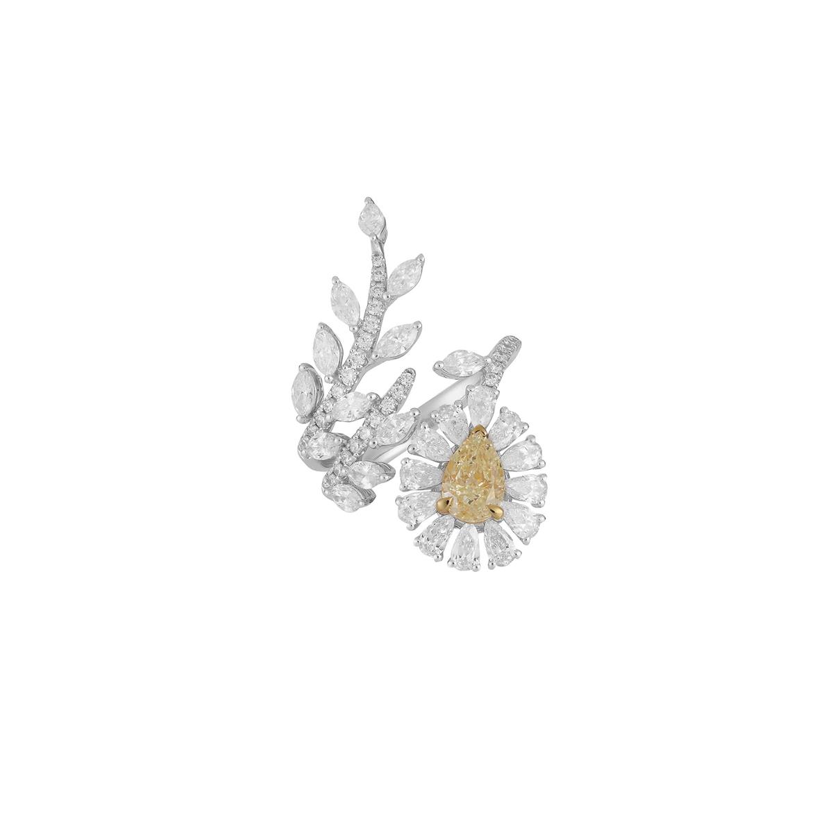 London Collection Two Tone Fancy Yellow Diamond & White Diamond Flower Cocktail Ring