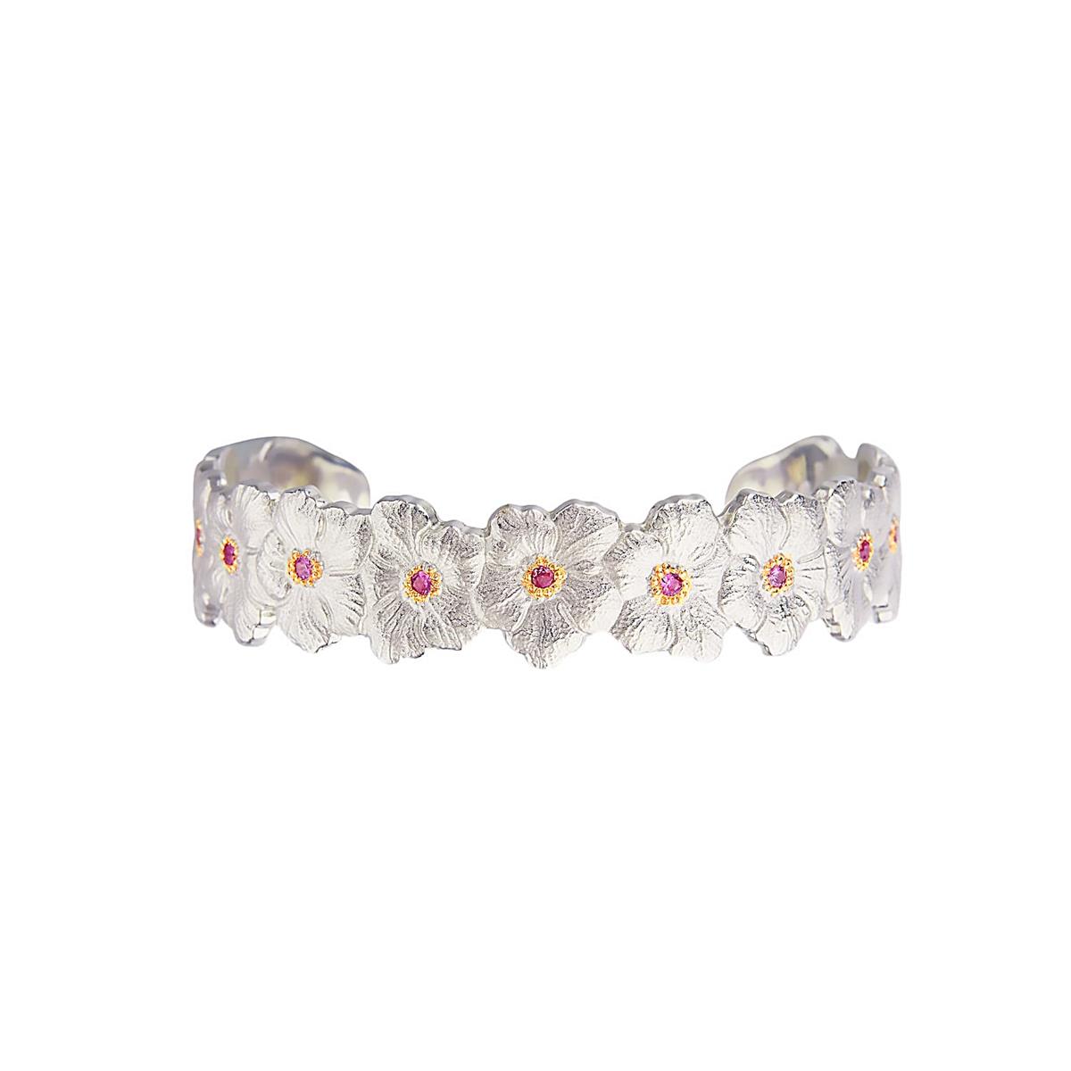 Buccellati Blossoms Sapphires Two Tone Pink Sapphire Flower Cuff Bracelet