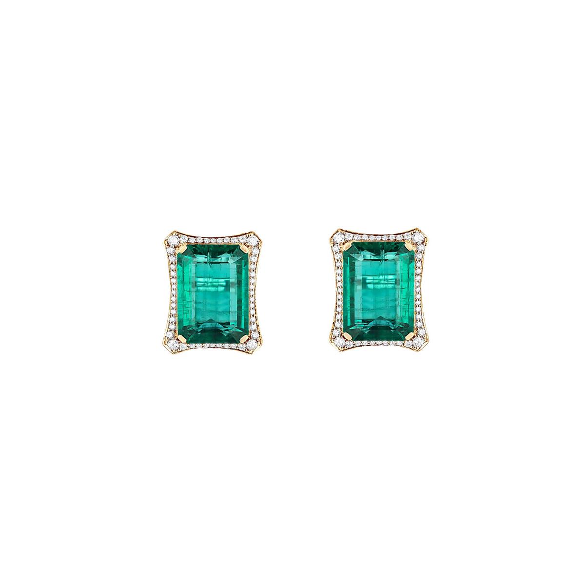 Goshwara G-Classics 18k Yellow Gold Emerald & Diamond Stud Earrings