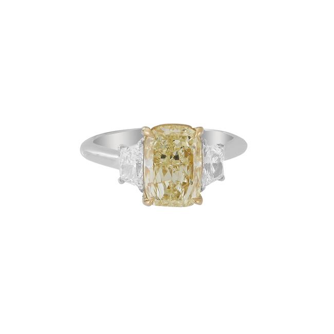 London Collection Platinum and 18k Yellow Gold Cushion Cut Fancy Yellow Diamond Three-Stone Ring