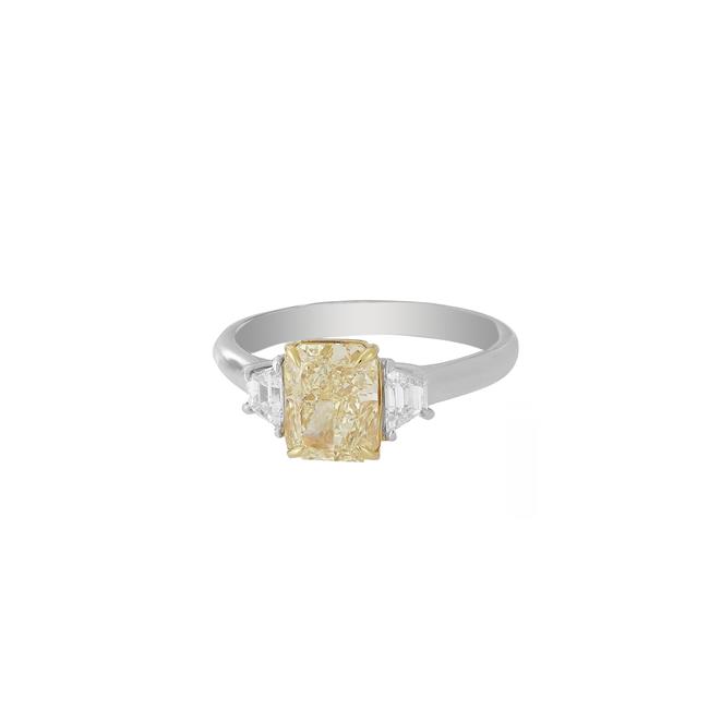 London Collection Platinum and 18k Yellow Gold Radiant Cut Fancy Light Yellow Diamond Three-Stone Ring