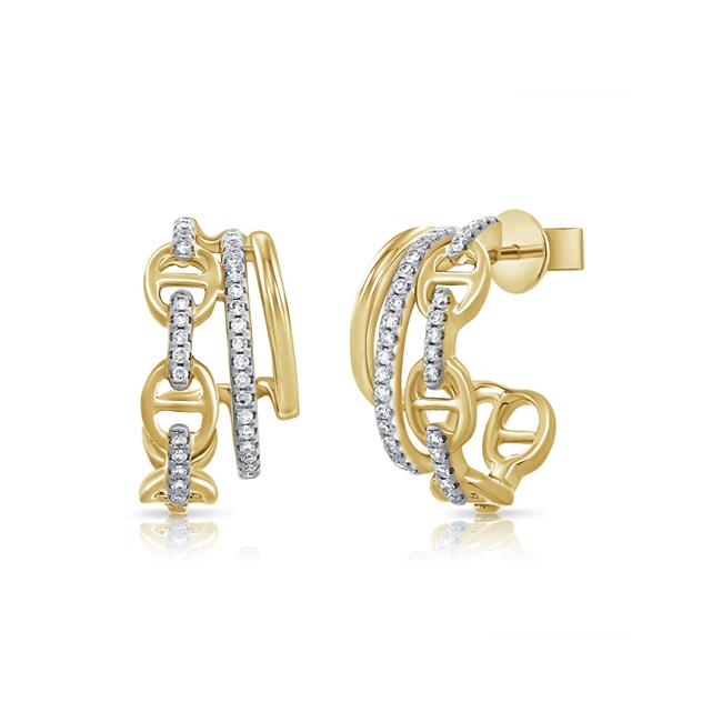 London Collection 14k Yellow Gold Three Row Open Link Diamond Huggie Earrings