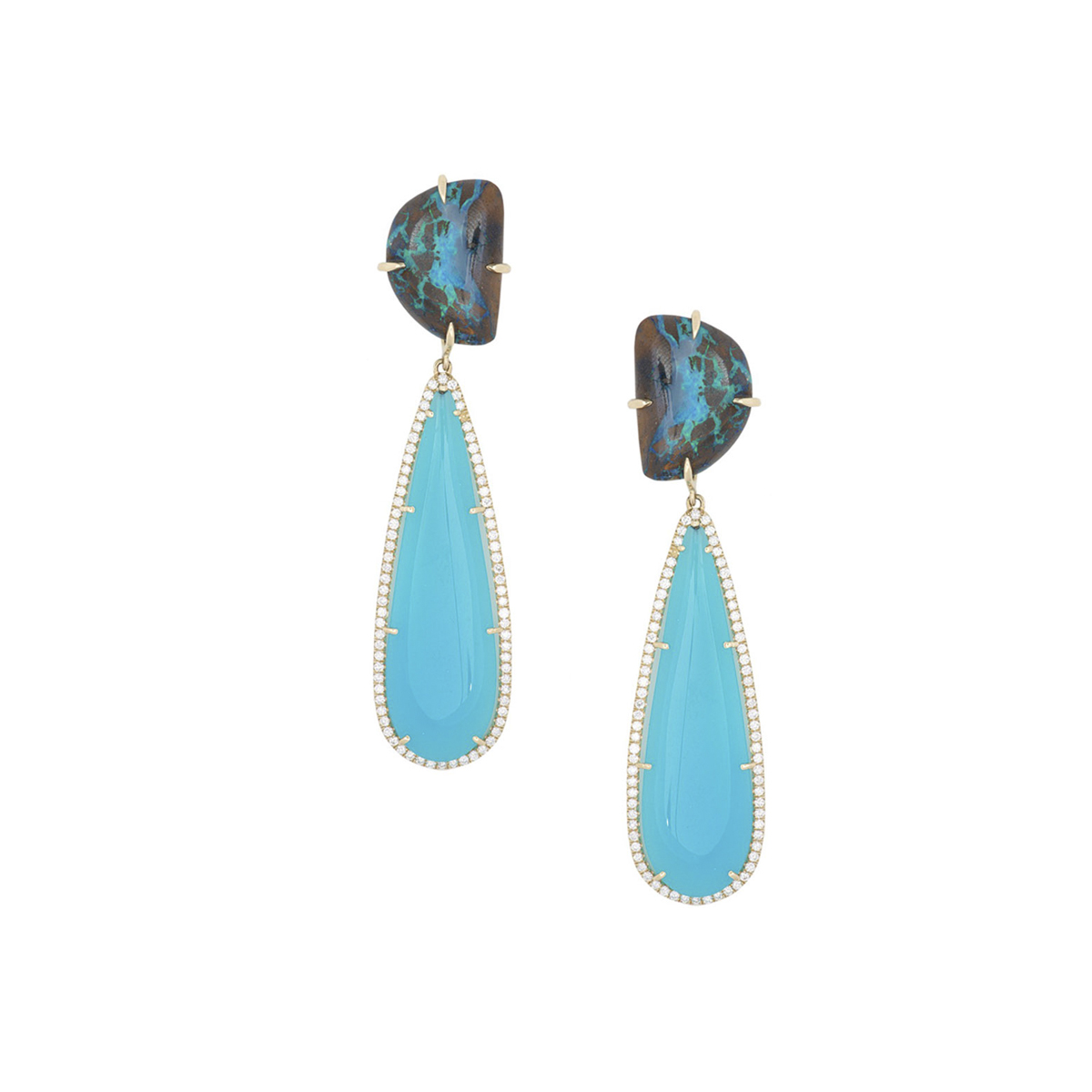 London Collection 18K Yellow Gold Yowah Opal and Laguna Agate Diamond Drop Earrings