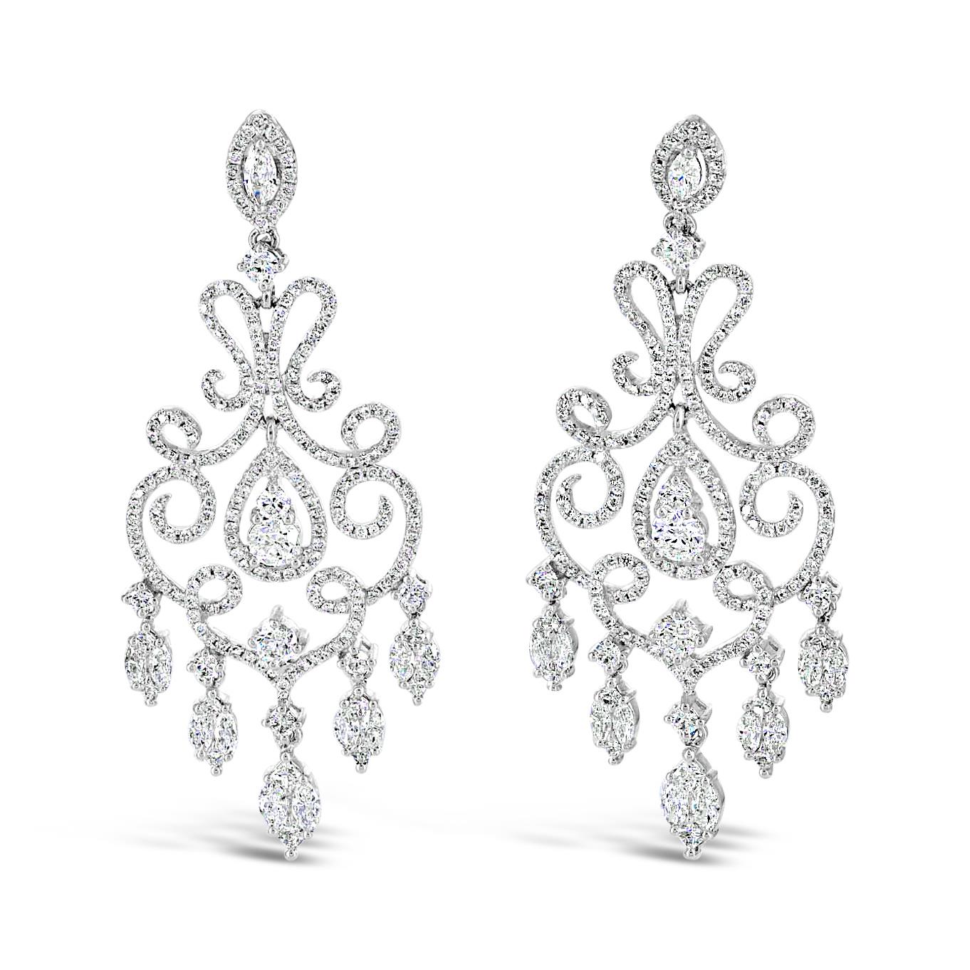 London Collection 18k White Gold Diamond Open Scroll Chandelier Dangle Earrings