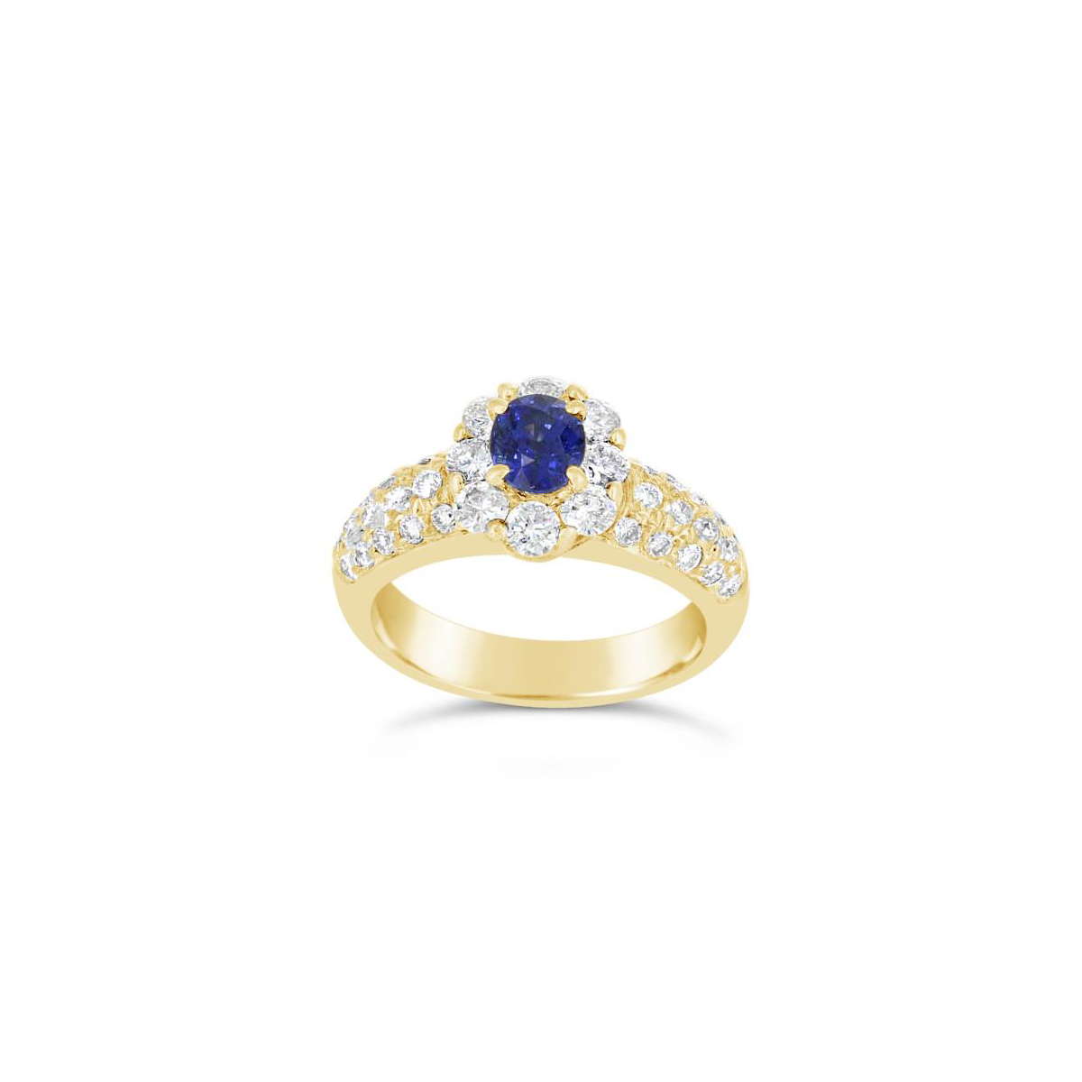London Collection 18k Yellow Gold Oval Blue Sapphire and Diamond Halo Ring