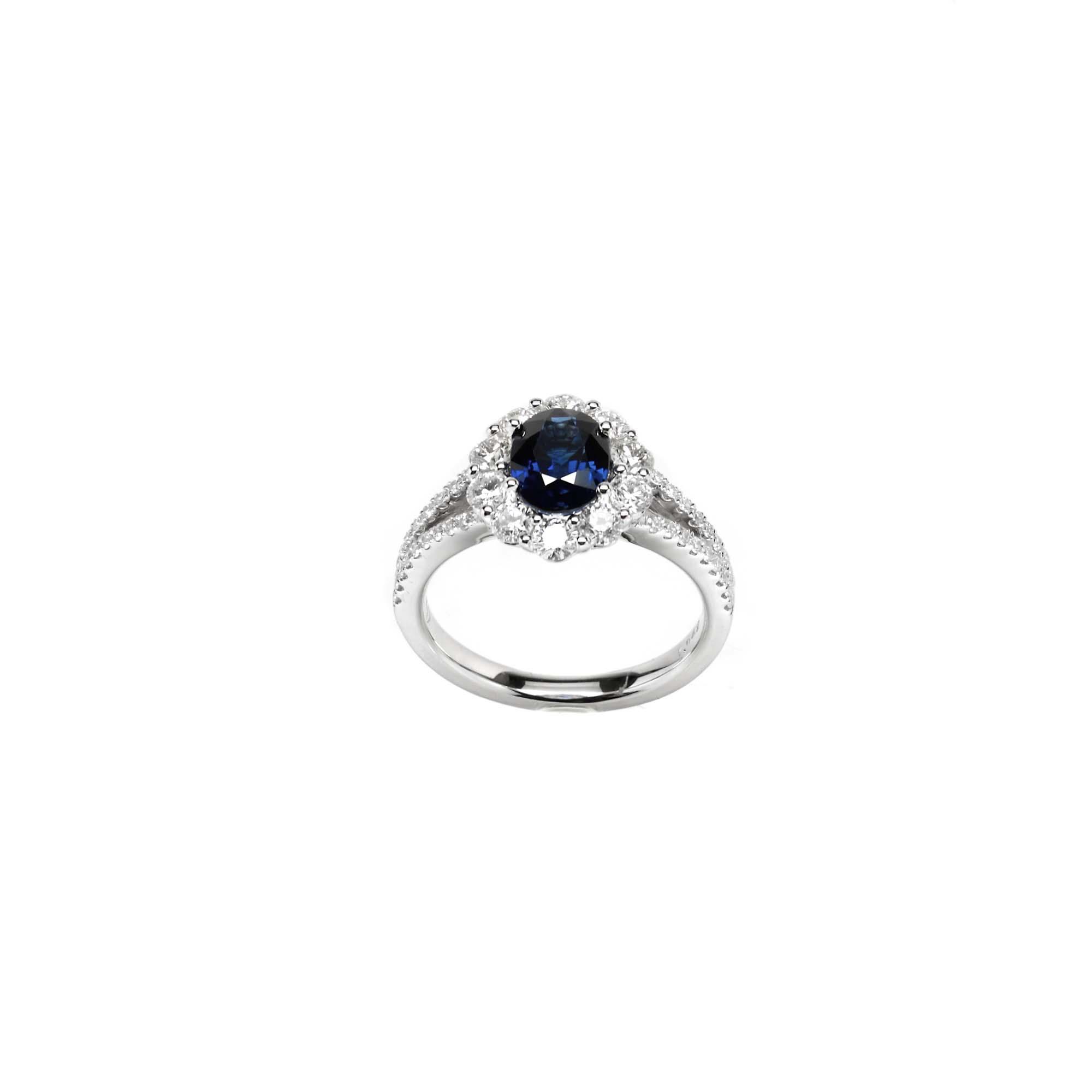 London Collection 14k White Gold Oval Sapphire & Diamond Halo Split Shank Ring