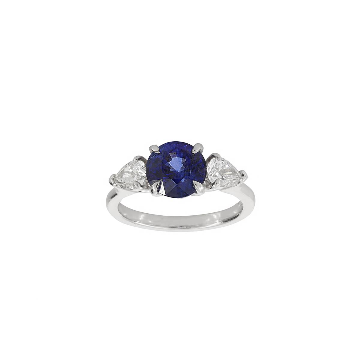 London Collection Platinum Blue Sapphire & Pear Cut Diamond Three Stone Ring