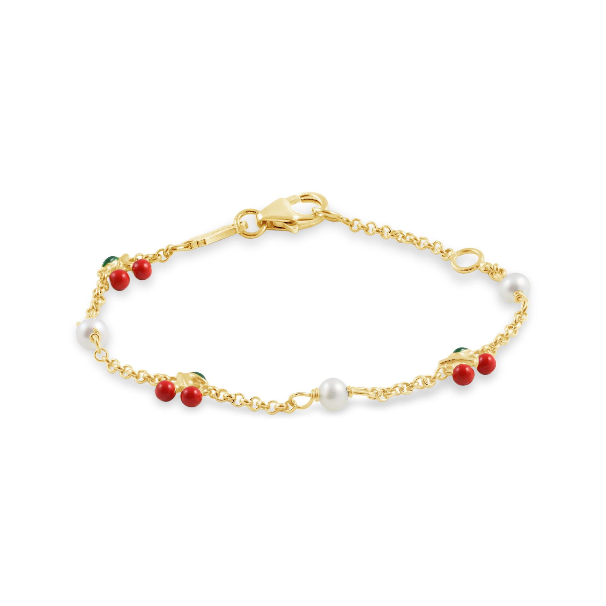 London Collection 14k Yellow Gold Cherries and Pearls Baby Bracelet