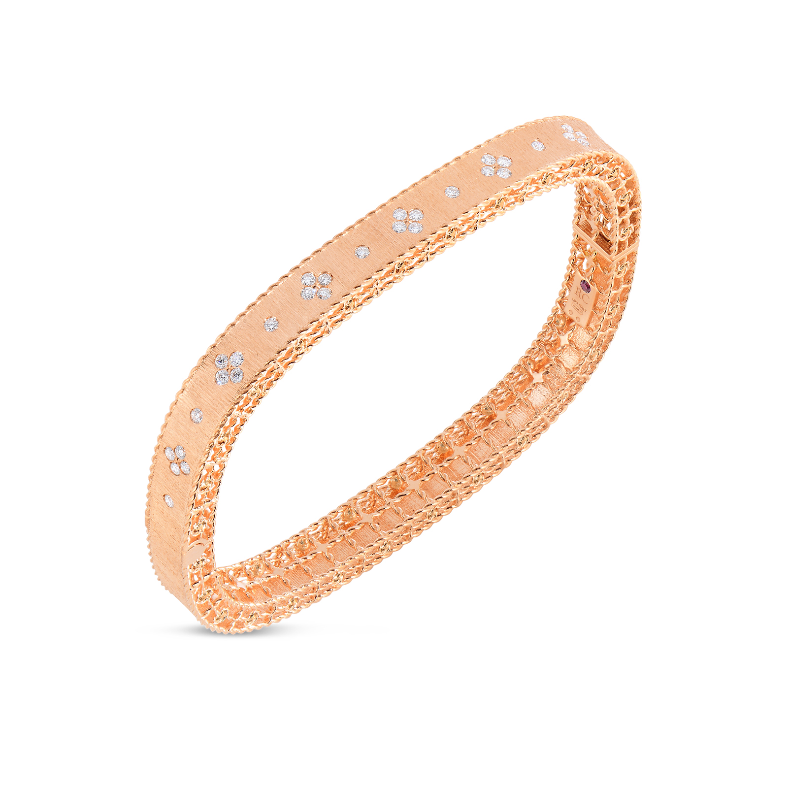 Roberto Coin Princess 18K Rose Gold Satin Finish Slim Bangle with Fleur de Lis Diamonds